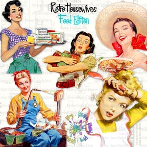 Edição de comida de donas de casa retrô | Mulheres vintage dos anos 50 | Coquetéis de culinária de comida | Moderno de meados do século | Clipart Download instantâneo