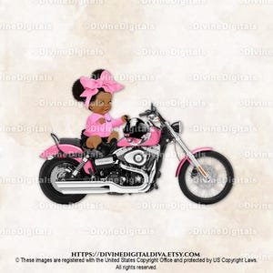 Motorcycle Biker Pink Jacket Big Bow Boots Helmet Sitting Baby Girl Dark Tone Clipart