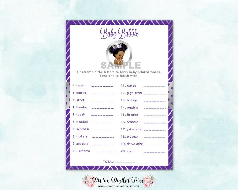 Baby Babble Word Scramble Baby Shower Game Purple &amp; Silver