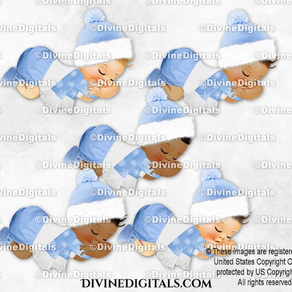 Baby It's Cold Outside Sleeping Little Prince Winter Blue Hat Scarf Booties | Baby Boy 3 Skin Tones | Clipart Download