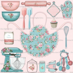 Puede incluir: Colección de utensilios y accesorios de repostería de estilo vintage. Incluye una batidora de pie, cuencos, rodillo, cucharas medidoras, espátula, batidor, manopla, agarradera, delantal y tarros. Los artículos presentan estampados florales.