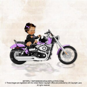 May include: A digital illustration of a baby riding a purple motorcycle. The motorcycle has chrome accents and black tires. The baby is wearing a black outfit and a purple bow. The image has a vintage style.