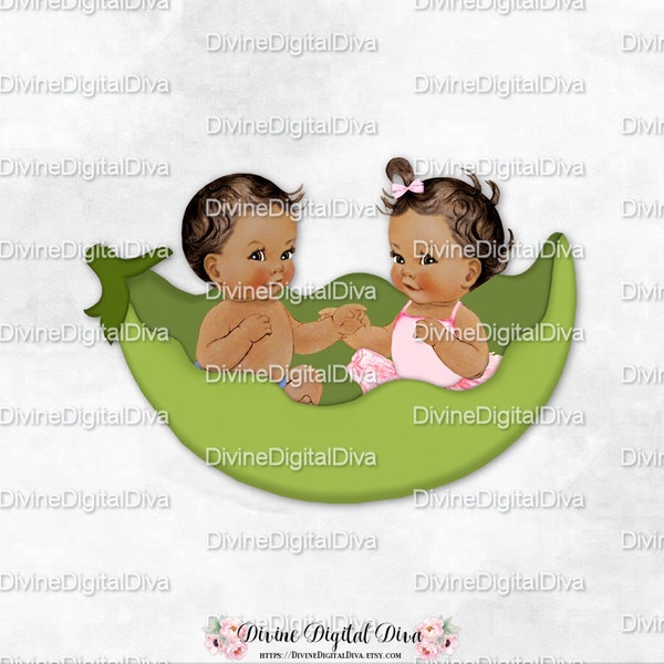 Babys in Erbsenschote mittlerer Hautton Jungen und Mädchen Zwillinge Geschlecht zeigen | Clipart Sofort Download