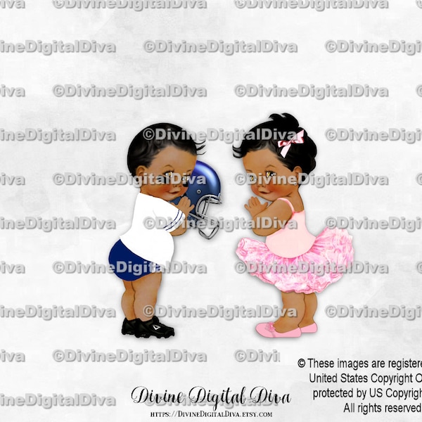 Touchdowns or Tutus Football & Ballerina Navy Blue Pink | Dark Tone Baby Boy Girl | Gender Reveal Twins | Clipart Instant Download