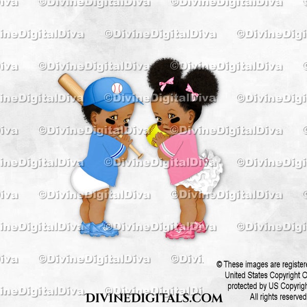 Baseball Player Blue & Softball Pink Ruffle Pants | Baby Boy Girl Dark Tone African American  | Gender Reveal Twins | Instant Download