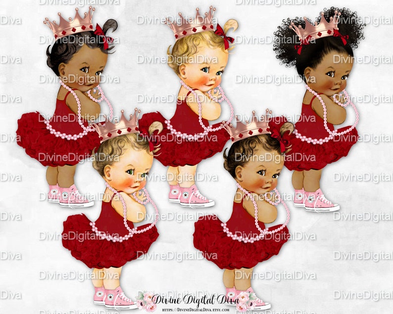 Clipart Instant Download 3 Skin Tones Vintage Baby Girl Ballerina Maroon Burgundy Dark Red Tutu Pink Sneakers Rose Gold Crown