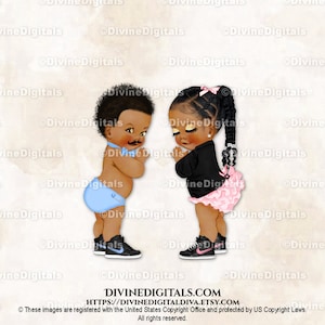 Pestañas, bigote, pajarita negra, pañal azul, zapatillas, pantalones rosas, bebé niño niña, revelación de género de gemelos, clipart, descarga instantánea