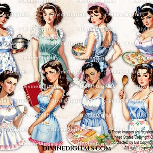 Grembiule da cucina e pasticceria "Retro Housewives" degli anni '50 / Donne con carnagione chiara / Download immediato di immagini digitali clipart