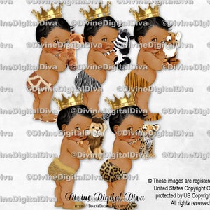Kleiner Prinz Tierdruck Safari Giraffe Löwe Tiger Zebra Leopard Gold Krone | Baby Junge dunklen Ton Afroamerikaner | Sofort Download