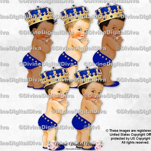 Royal Blau Kleiner Prinz Nieten Quaste Gürtel verzierten Goldkrone | Baby Boy 3 Hauttöne | Clipart Sofort Download
