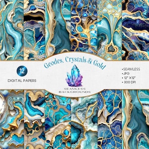May include: Twelve digital papers featuring seamless patterns of blue and gold geodes, crystals, and abstract designs. The patterns are 12 inches by 12 inches and 300 DPI.