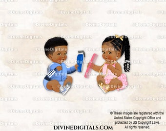 Stylist Barber Blue Silver Clippers Pink Gold Comb Sneakers Baby Boy Girl Dark Tone Braids Clipart