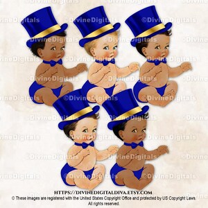 Piccolo omino con cappello a cilindro blu reale e papillon / Neonato seduto in 3 tonalità di pelle / Clipart scaricabile immediatamente