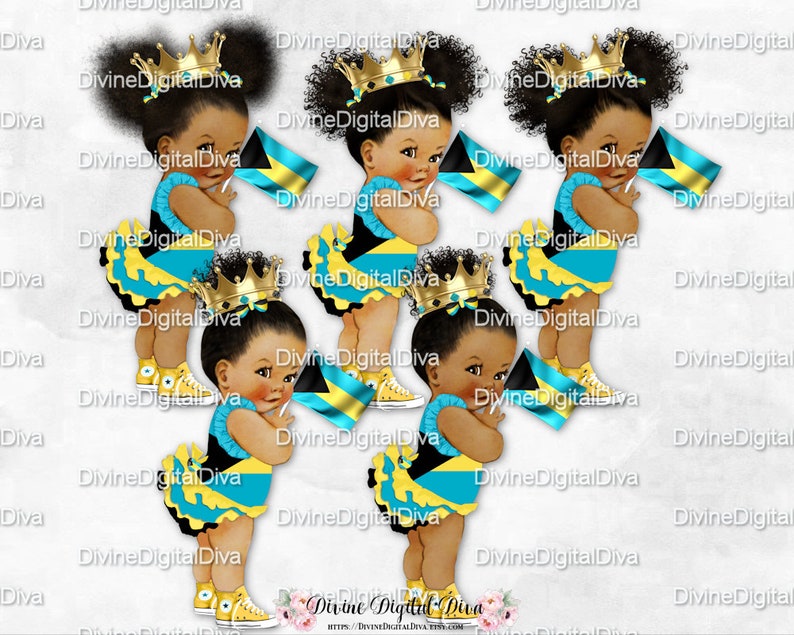 Vintage Baby Girl Babies of Color Clipart Instant Download Princess Ruffle Pants Bahamas Flag Turquoise Yellow Black Sneakers Gold Crown