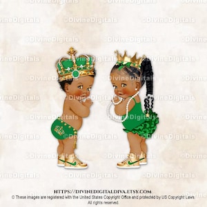 Royal Prince & Princess Smaragdgrün Gold Krone Sneakers | Baby Junge Mädchen dunkle Ton Zöpfe | Geschlecht offenbaren Zwillinge | Clipart Sofort Download