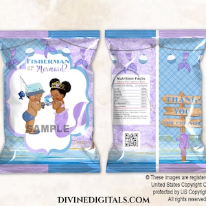 Meerjungfrau oder Fischer Angeln Thema Printable Chip Taschen Blau Lavendel | Baby Junge Mädchen Dunkle Ton Puffs | Digitaler Sofort Download