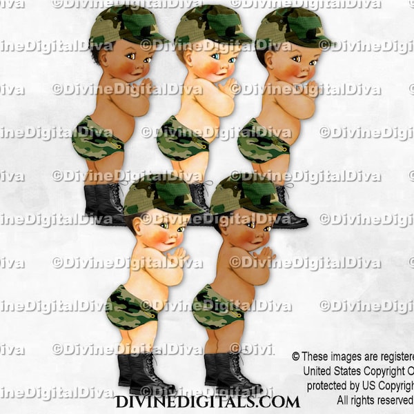 Little Prince Green Camo Boots Hat Diaper Hunting Military | Baby Boy 3 Skin Tones | Clipart  Instant Download