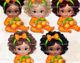 Clipart Petite fille orange, thème grand noeud, bébé fille