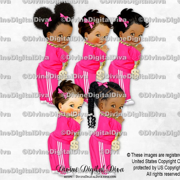 Hip Hop Hot Pink & White Tracksuit Sneakers Gold Chain 80s 90s | Baby Girl 3 Skin Tones Babies of Color Braids | Clipart Instant Download