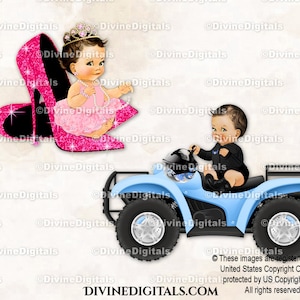 Roues ou talons bleus VTT Assis rose vif à talons hauts | Couleur claire Bébé Garçon Fille | Sexe révélateur des jumeaux | Clipart à téléchargement immédiat