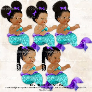 Top de concha roxo com barbatana caudal turquesa e roxo sereia | Bebês sentados com tranças coloridas | Download instantâneo de clipart