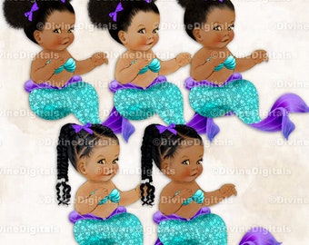 Mermaid Turquoise & Purple Tail Fin Purple Clamshell Top | Sitting Baby Girl Babies of Color Braids | Clipart Instant Download