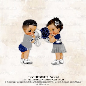 Touchdowns Tutus Football Player & Cheerleader Navy Blau Grau | mittlerer Hautton Junge Mädchen | Geschlecht offenbaren Zwillinge | Clipart Sofort Download