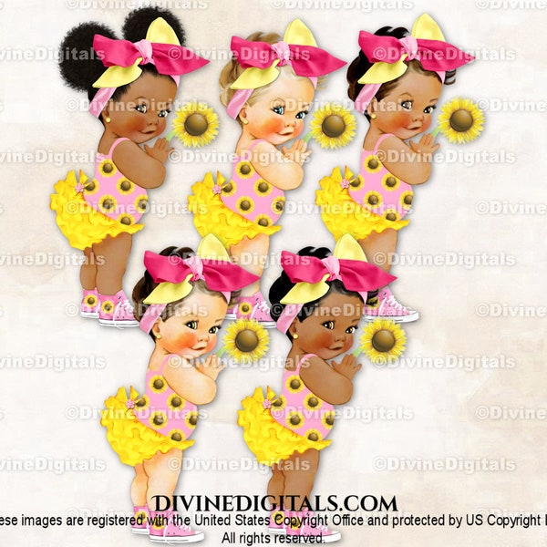 Sunflower Yellow & Pink Ruffle Pants Big Bow Sneakers Baby Girl Shower Birthday Gender Reveal Clipart PNG Instant Download