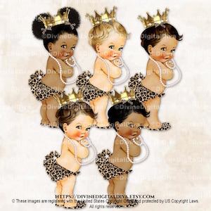 Princess Leopard Cheetah Animal Print Gold Crown Pearls Baby Girl Clipart