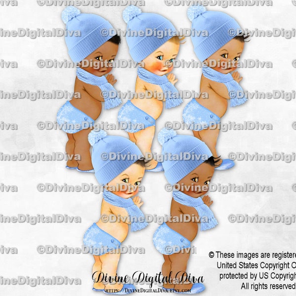 Baby It's Cold Outside Little Prince Winter Blue Hat Scarf | Baby Boy 3 Skin Tones | Clipart Download