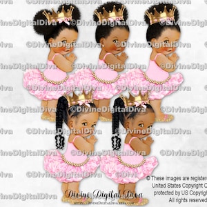 Ballerine princesse en or rose, couronne de ceinture avec diamants | Bébés afro-américains de couleur ethnique bébé fille | Clipart à téléchargement immédiat