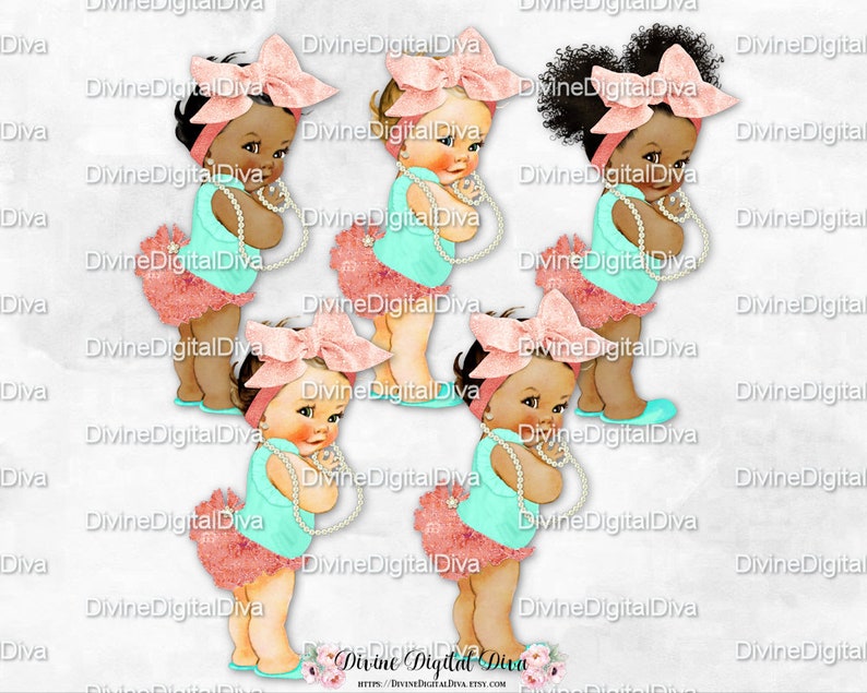 Clipart Instant Download Vintage Baby Girl 3 Skin Tones Ruffle Pants Big Head Bow Slippers Mint Ivory Rose Gold