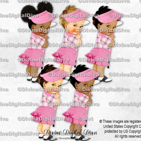 Golf Pink Black White Plaid Skirt Visor Club Shoes Golfer | Baby Girl 3 Skin Tones | Clipart Instant Download