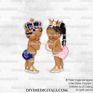 Zapatillas de deporte con corona de oro rosa y azul real de príncipe y princesa / Trenzas de tono oscuro para bebé niño y niña / Revelación de género / Descarga instantánea de imágenes prediseñadas