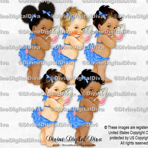 Traje de baño de bikini azul con volantes y lazos rosas, concha marina, niña descalza, 3 tonos de piel, descarga instantánea.