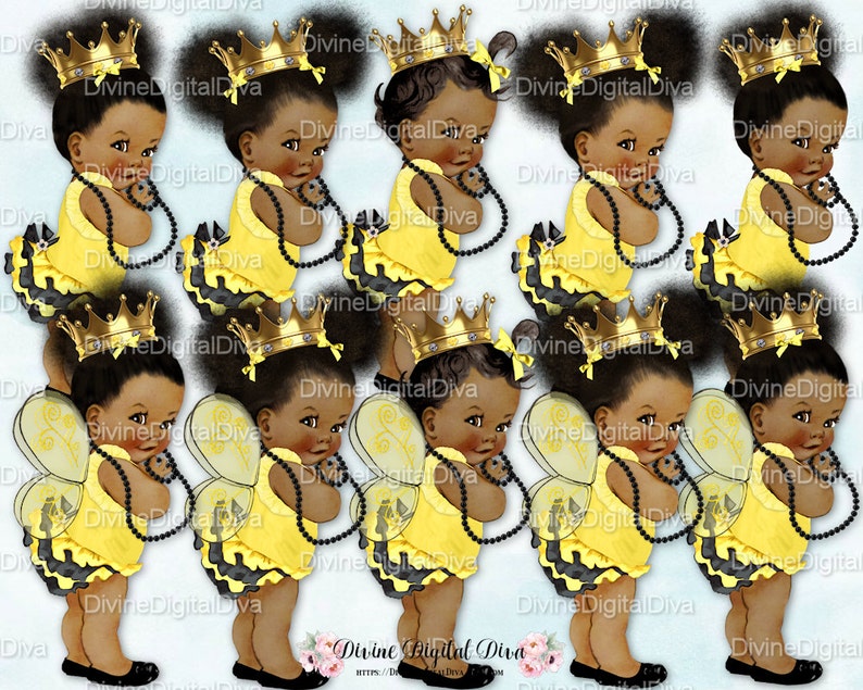 Clipart Instant Download Baby Girl Babies of Color Queen Bee Princess Yellow Black Gold Crown Wings