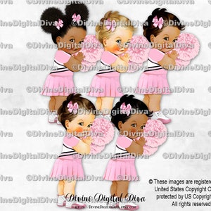 Tênis de uniforme rosa, branco e preto com pompons de líder de torcida | Menina, 3 tons de pele | Download instantâneo de clipart