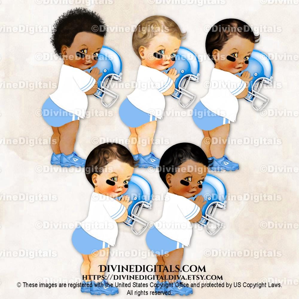 Little Prince Football Player Light Blue Diaper White Jersey Helmet Cleats | Baby Boy 3 Skin Tones | Clipart Instant Download
