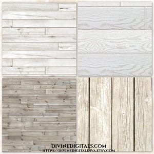 May include: Four wood textures in a square grid. Top left shows white painted planks. Top right shows white wood grain. Bottom left shows gray wood planks. Bottom right shows light beige vertical planks. Text at the bottom reads DIVINEDIGITALS.COM HTTPS://DIVINEDIGITALDIVA.ETSY.COM
