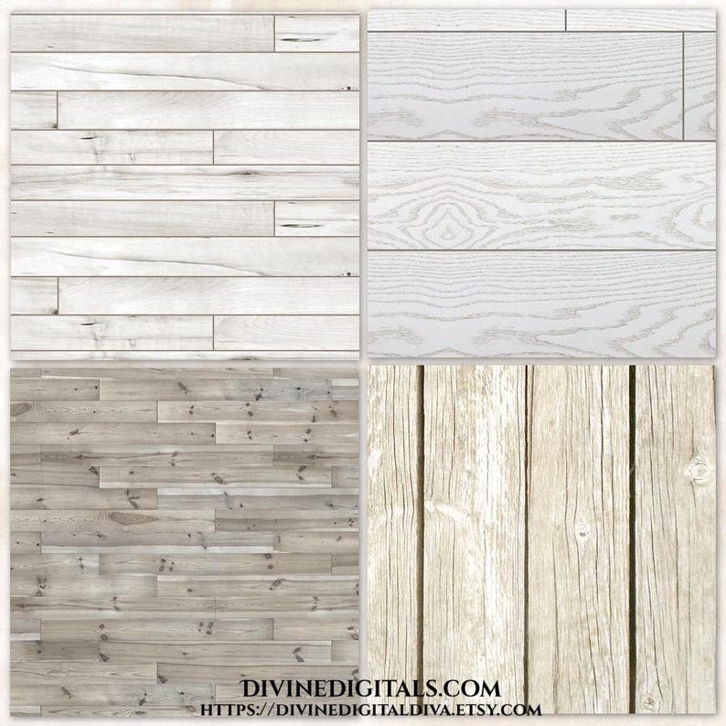 May include: Four wood textures in a square grid. Top left shows white painted planks. Top right shows white wood grain. Bottom left shows gray wood planks. Bottom right shows light beige vertical planks. Text at the bottom reads DIVINEDIGITALS.COM HTTPS://DIVINEDIGITALDIVA.ETSY.COM