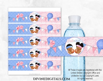 May include: Pink or Blue? Baby shower water bottle labels with a blue and pink checkered background. The labels feature a cartoon image of two babies holding basketballs. The text "Pink or Blue?" is printed on the label.