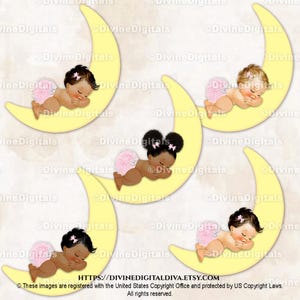 Schlafendes Baby auf einem Mond Rosa Spitze-Rüschenhose | 3 Hauttöne Puffs | Clipart Sofort Download