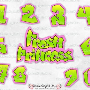 Signe et chiffres princesse frais néon vert jaune rose | Hip-hop des années 90 | Téléchargement instantané PNG numérique