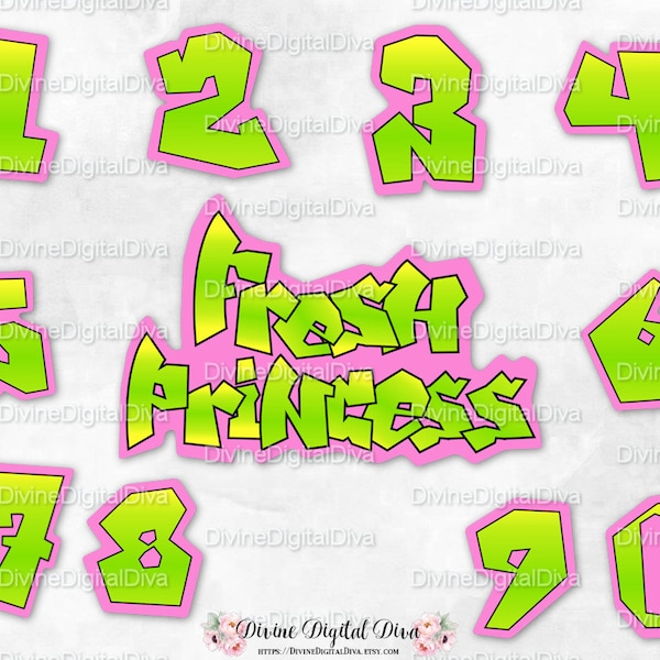 Fresh Princess Numbers and Sign Neon Green Yellow Pink | 90's Hip Hop | Instant Download PNG Digital