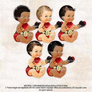Boxer rouge et or ceinture de championnat gants de boxe champion | Bébé Garçon Assis 3 Couleurs De Peau | Clipart à téléchargement immédiat