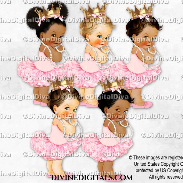 Princess Ballerina Pink Tutu Gold Crown Pearl Necklace | Baby Girl 3 Skin Tones | Clipart  Instant Download