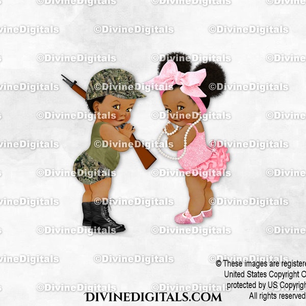 Camo Boots Rifle Big Bow Pearls Green Pink  | Baby Boy Girl Dark Tone Puffs | Gender Reveal Twins | Clipart Instant Download