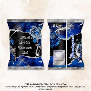 May include: A pair of custom chip bags with a black background, blue and silver floral design, and the text "Blank To Add Your own Text" on one bag. The other bag says "Thank you!"