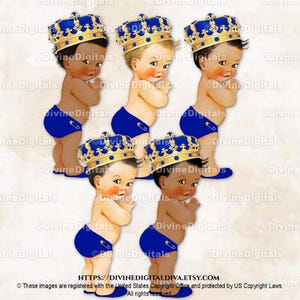 Pequeno Príncipe Azul Royal Fralda Pantufas Coroa Dourada Ornamentada | Bebê Menino 3 Tons de Pele | Clipart Download Instantâneo