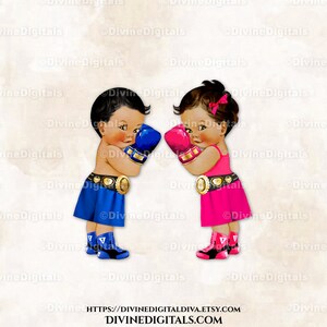 Boxer Azul Royal Rosa Quente Champ Boxing | Bebê Menino Menina Tom de Pele Médio | Revelação do Sexo dos Gêmeos | Clipart Download Instantâneo